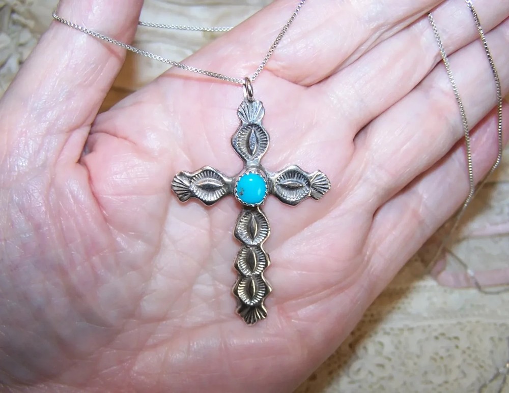 NATIVE AMERICAN Sterling Silver Turquoise Cross Pendant with Stamped Design