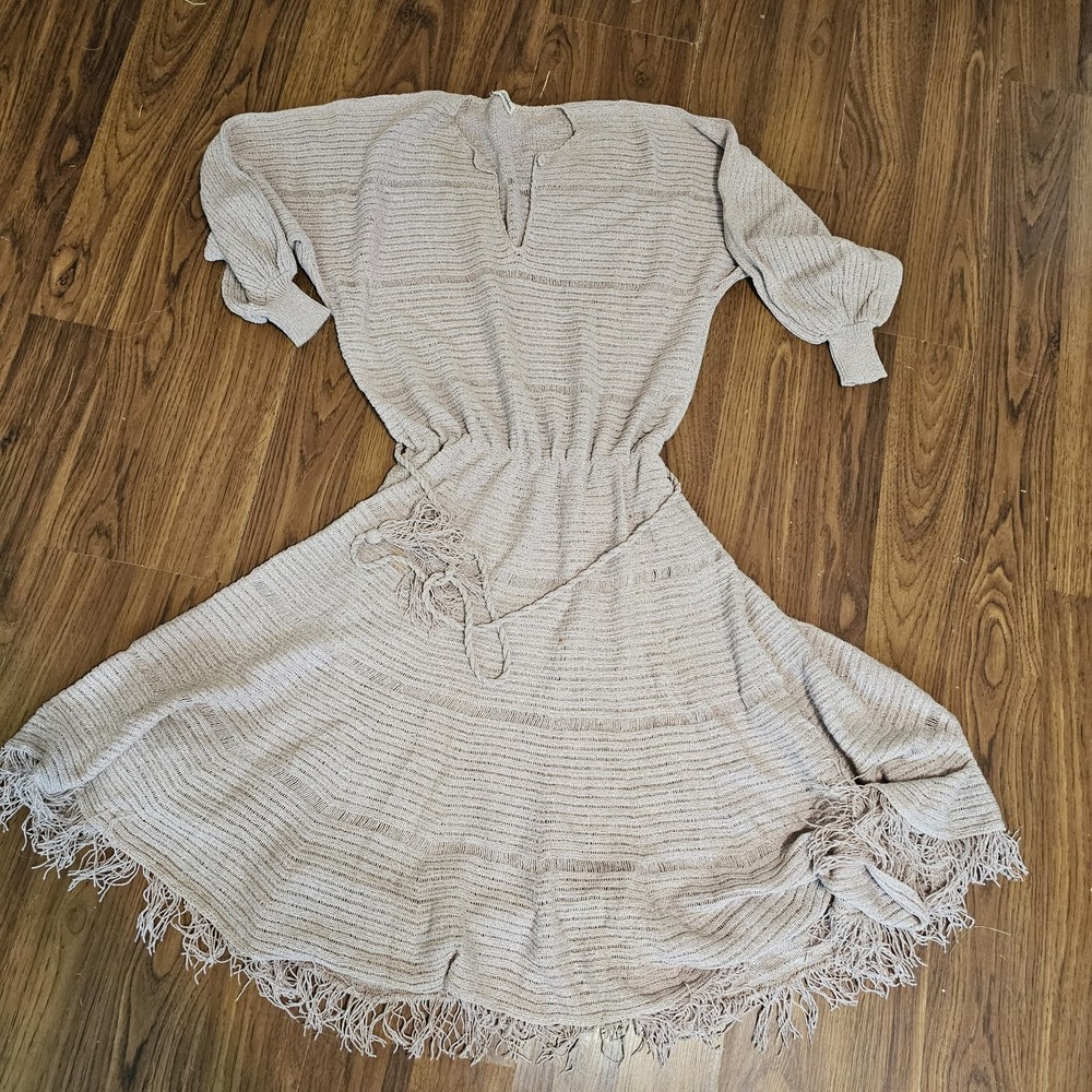 Crochet Dress Woman's Beige With Fringe Sz L? Boho Hippie Peasant Festival Midi