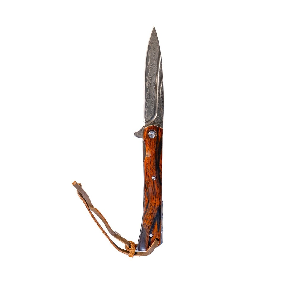 Damascus Steel Flipper Knife Wood Handle Liner Lock 3.875