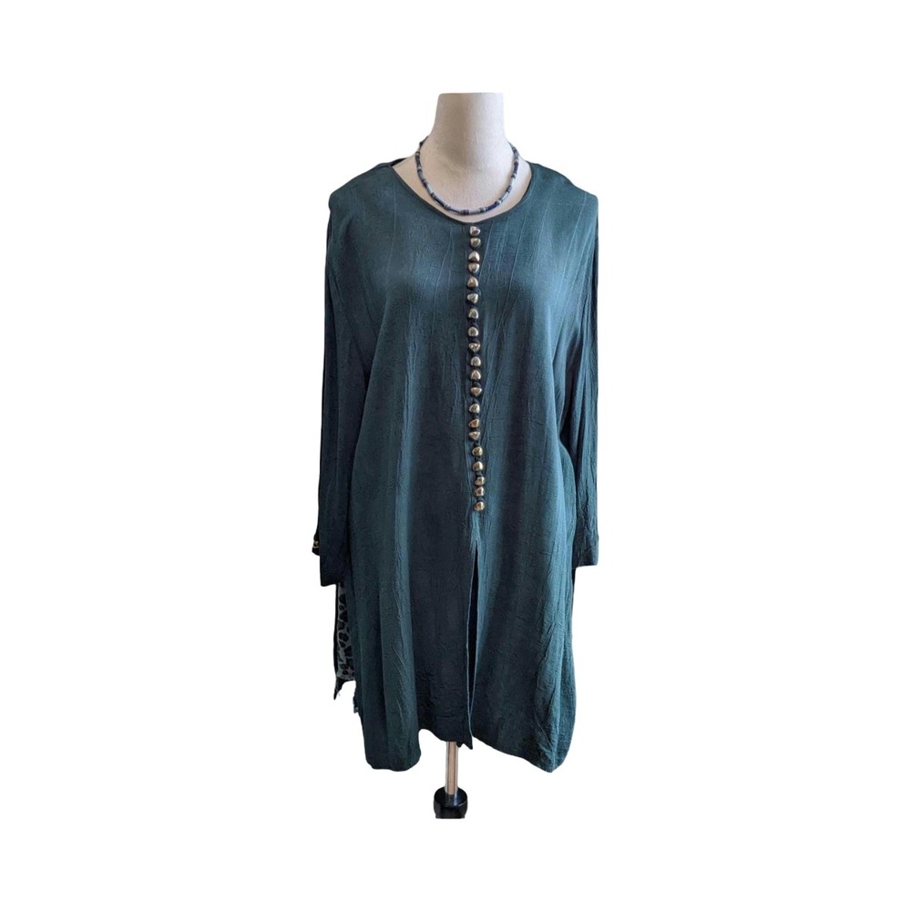 Vintage 90s Impulsive Tunic Top Womens Large Green Button Front Boho Artsy