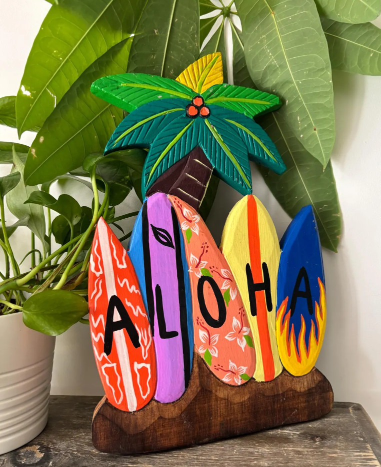 Hawaii Hand Made Wall Hanging Decor Plaque ALOHA Palm Tree Surfboard Wood Sign