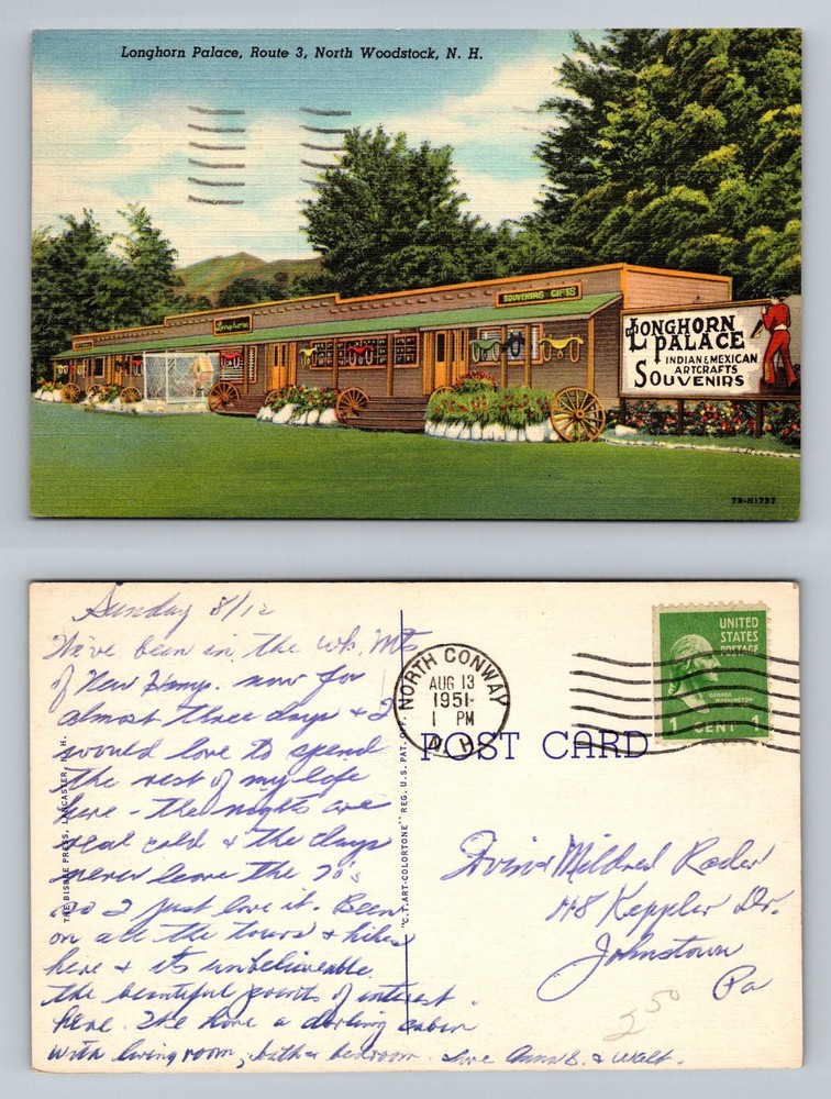 N. Woodstock, NH-New Hampshire, Longhorn Palace Souvenirs Vintage c1951 Postcard
