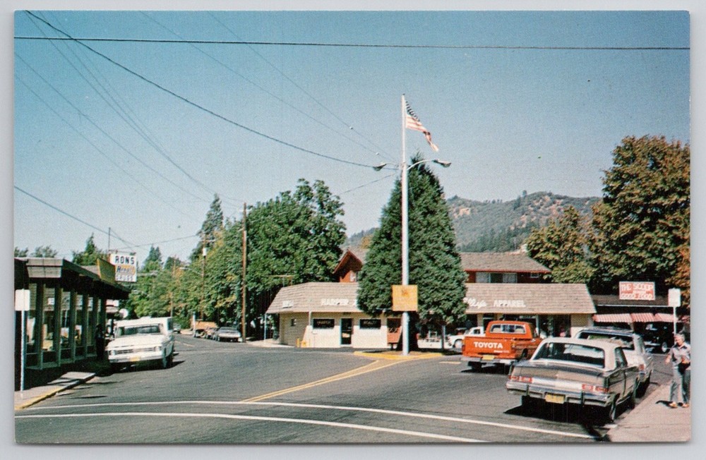 Vintage Rogue River Oregon Main Street Barber Shop Toyota Truck Postcard