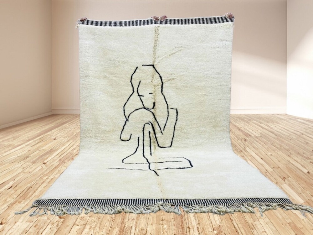 Handwoven Ivory Mrirt Rug With Black Line Art Drawing Abstract, Custom Moroccan-image