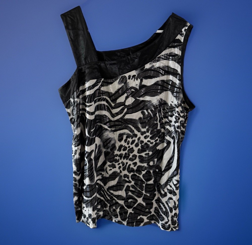 Blouse Plus 2X Black/White Shimmery Sleeveless Top, Whimsical, Zebra Print