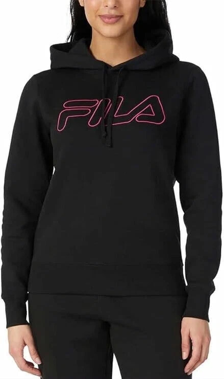 Fila Women's Logo Drawcord Ribbed Waistband Cuffs Hoodie, Black, Size L