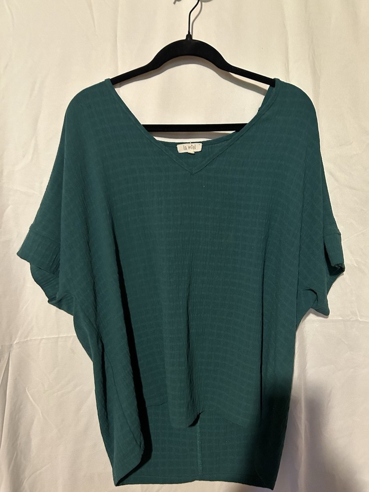 la mel Womens L Teal Solid V-Neck Short Sleeve Woven Relaxed Blouse