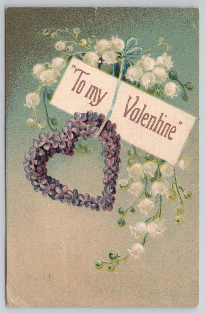 1908 Embossed Valentine Postcard Lily of the Valley Purple Heart Coatesville PA