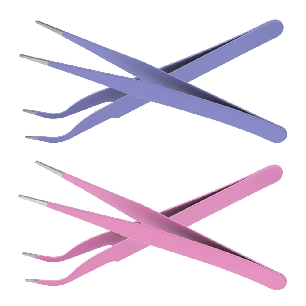 Prasacco 4 Pcs Straight & Curved Tweezers - Sticker, Craft, Pink Purple