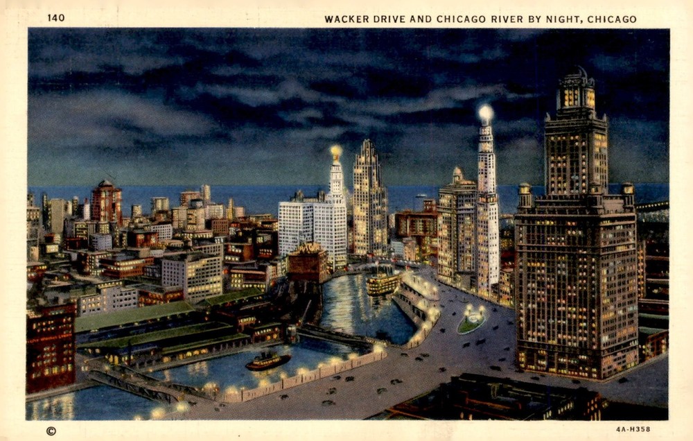 Wacker Drive and Chicago River by Night, Chicago - 1939 Postcard