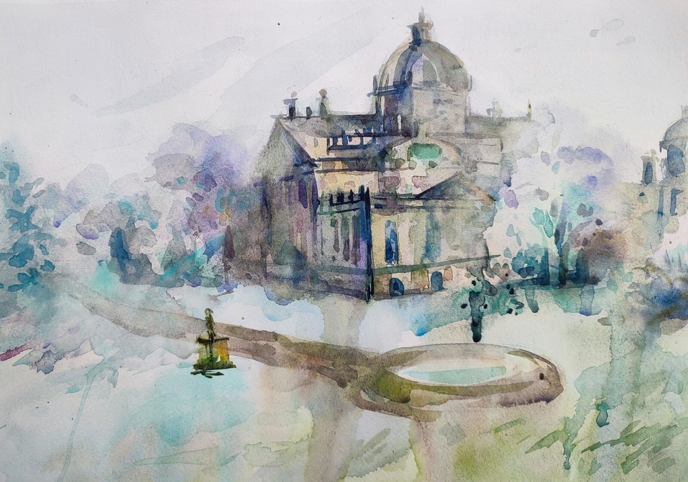 Original Watercolor Painting Misty Landscape Castell Painting Castell Wall Art