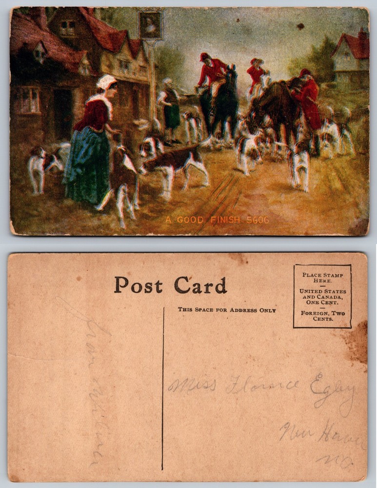 Horse Hunt Dogs Village Scene Postcard