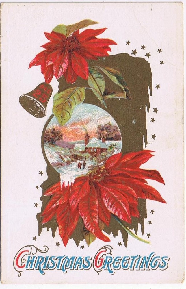 Holiday Postcard Embossed Christmas Greetings Poinsettia Bell Snow Scene