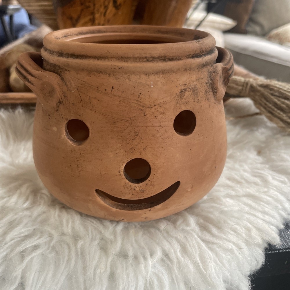 Jack O Lantern Terra Cotta Candle Holder Clay small Pumpkin Shaped