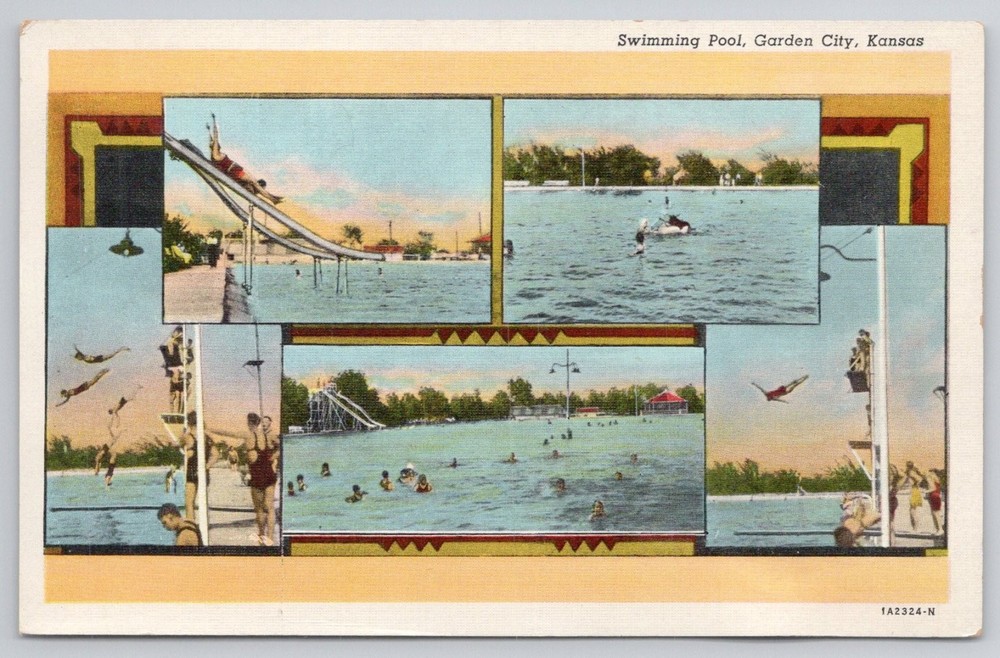 Vintage Linen Postcard Swimming Pool Garden City Kansas Multi-View 1930s