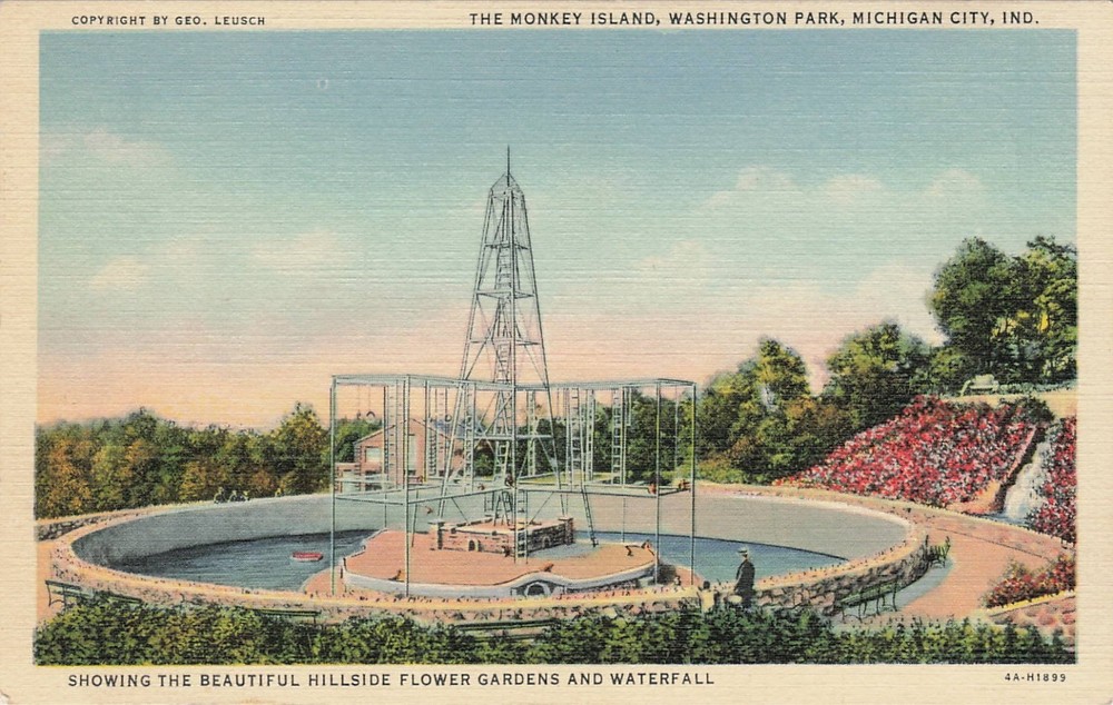 1934 Monkey Island, Washington Park, Michigan City, Indiana Linen Postcard