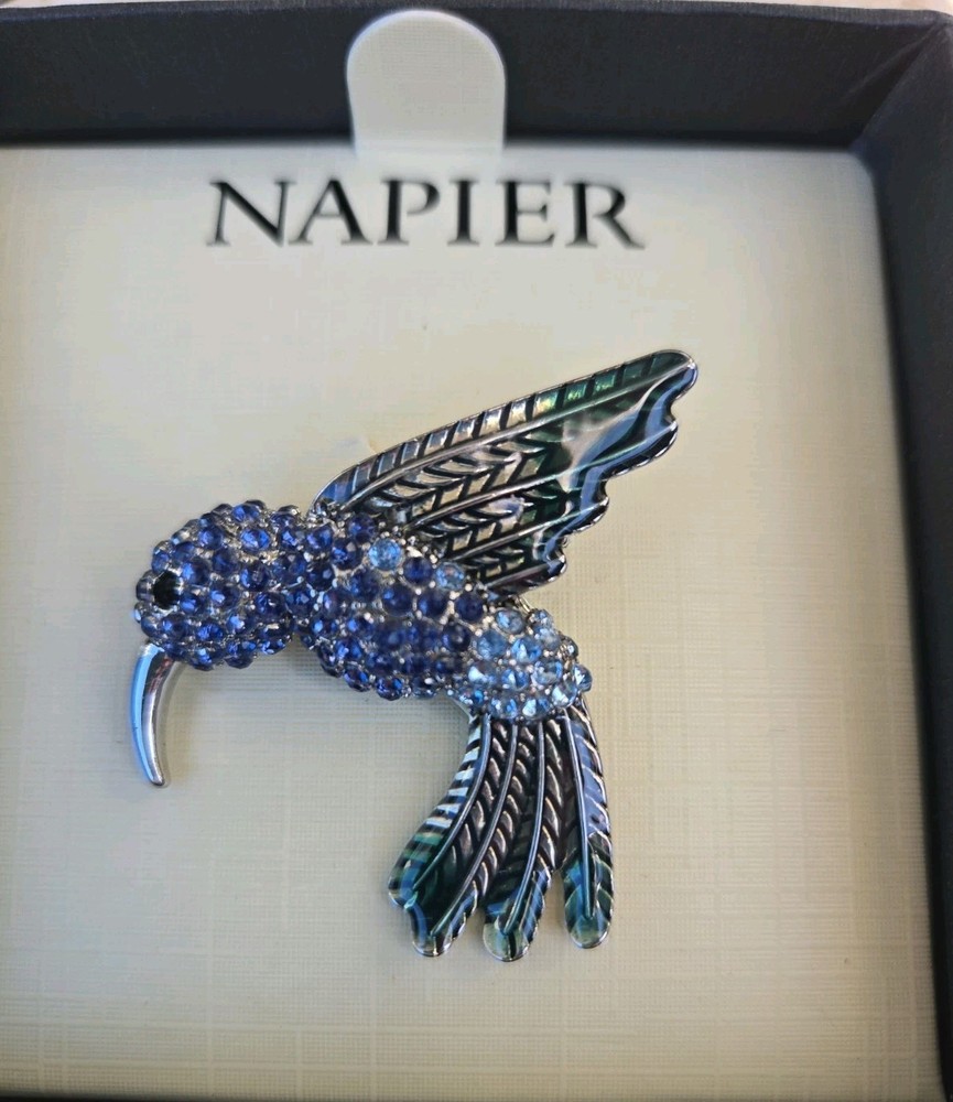 Vintage In Box Napier Silver Tone Blue Crystals Enamel Hummingbird Brooch Pin