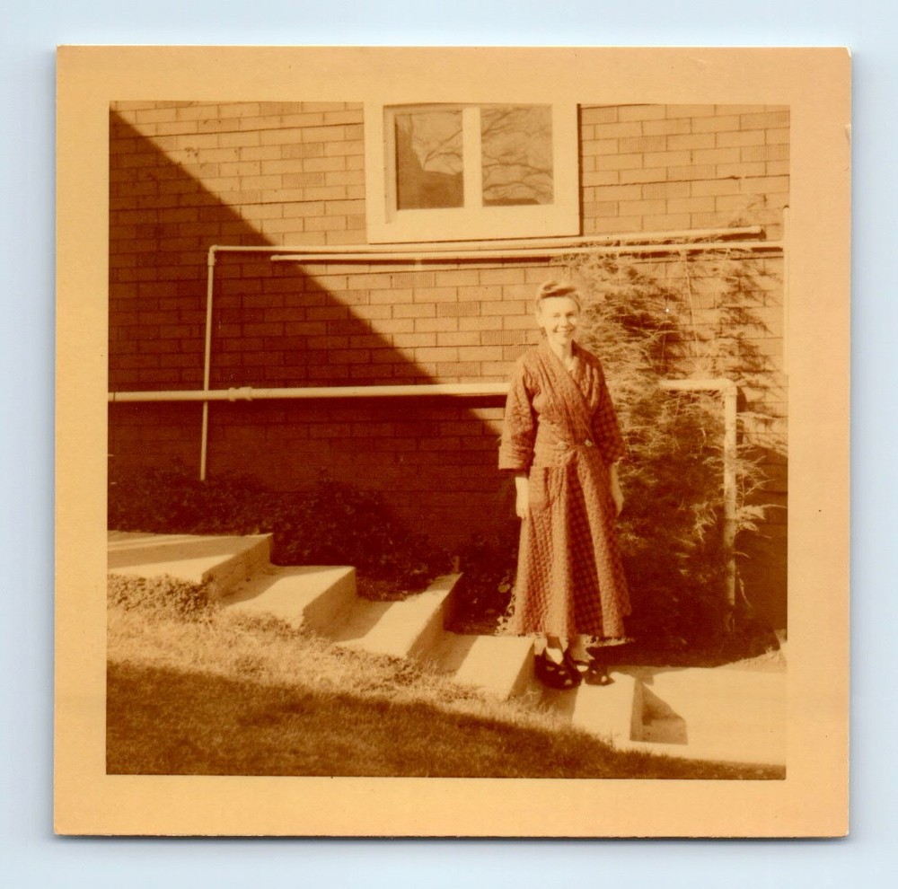 Old Vintage Square Color Photo SOLO WOMAN WEARING ROBE OUTSIDE HOUSE SNAPSHOT