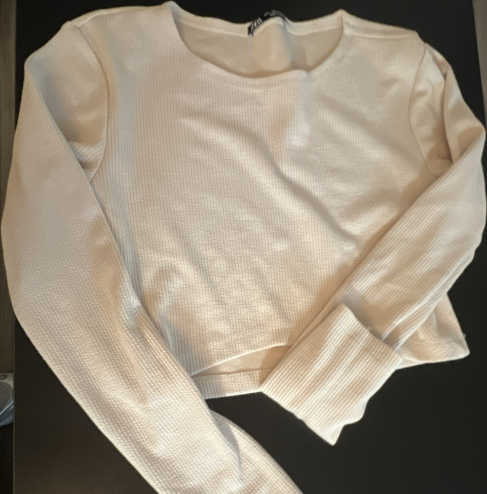 Zara Women's Solid Knit Pullover Top Ivory Crew Neck Long Sleeve Regular L