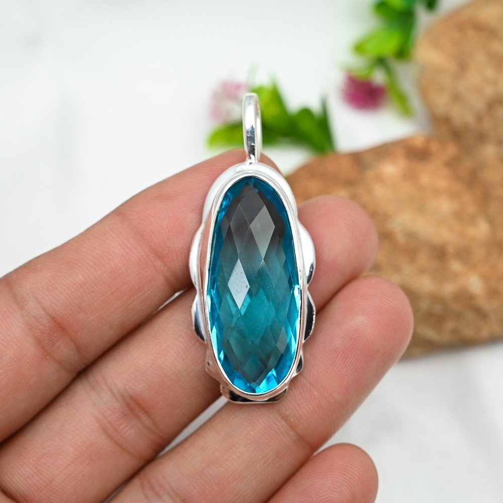 Blue Topaz Gemstone 925 Sterling Silver Pendant Handmade Fine Jewelry Gift For