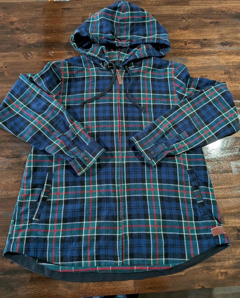 LL Bean Women's Blue Plaid Flannel Large Relaxed Full Zip Hoodie Spring  502092