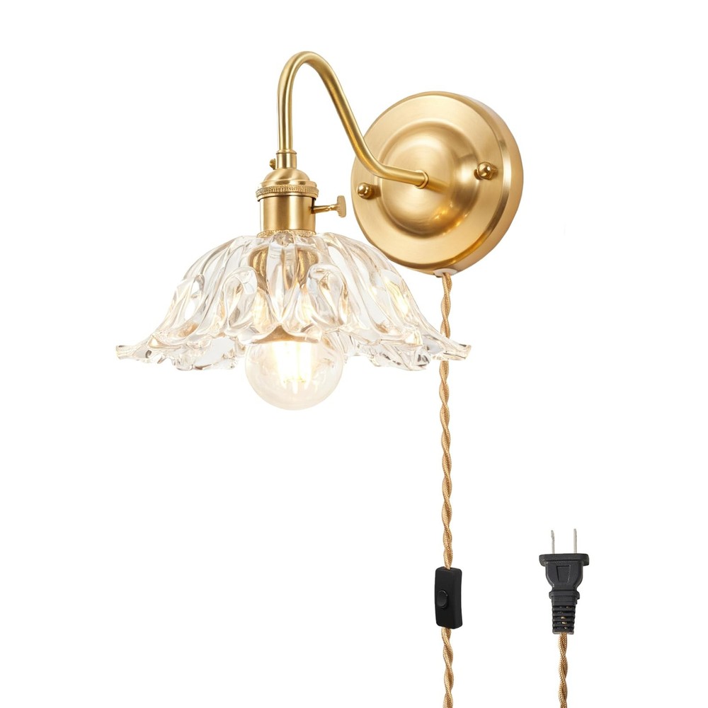 Vintage Plug-in Wall Sconce with Switch, Clear Snowflake Glass Shade, Brass F...