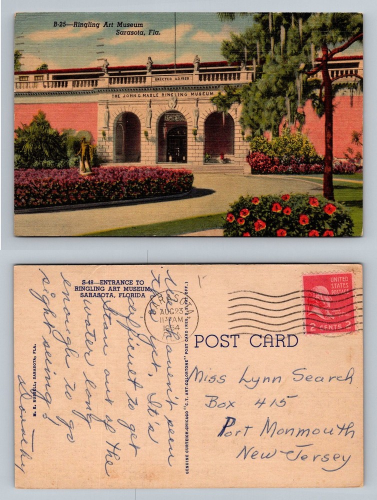 Sarasota, FL-Florida, Ringling Art Museum Entrance Garden Vintage c1954 Postcard