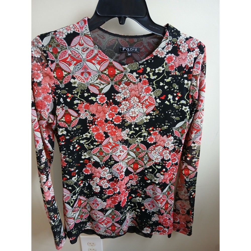 Y2K Paniz New York Womens Mesh Floral Print Long Sleeve Top Size M