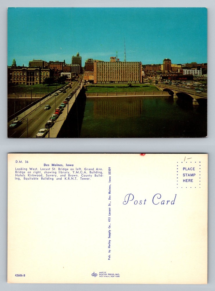 Des Moines, IA-Iowa, Locust Street Bridge Grand Ave View Vintage Postcard