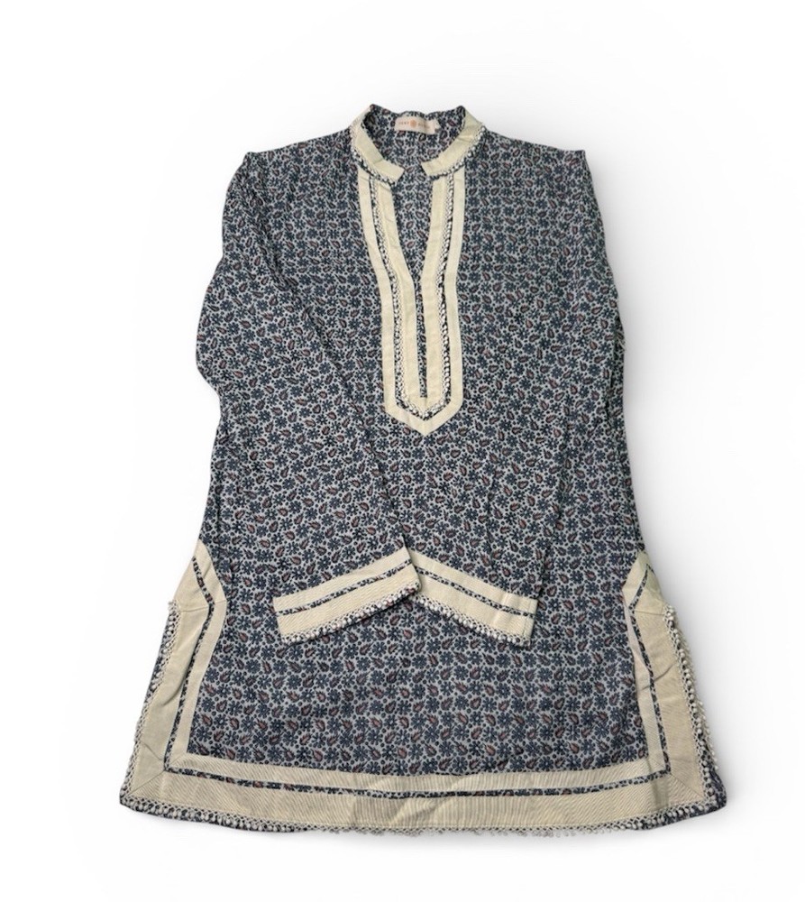 Tory Burch Tunic Top M (8) Blue White Print Cotton Cover-Up Resort Peasant Beach
