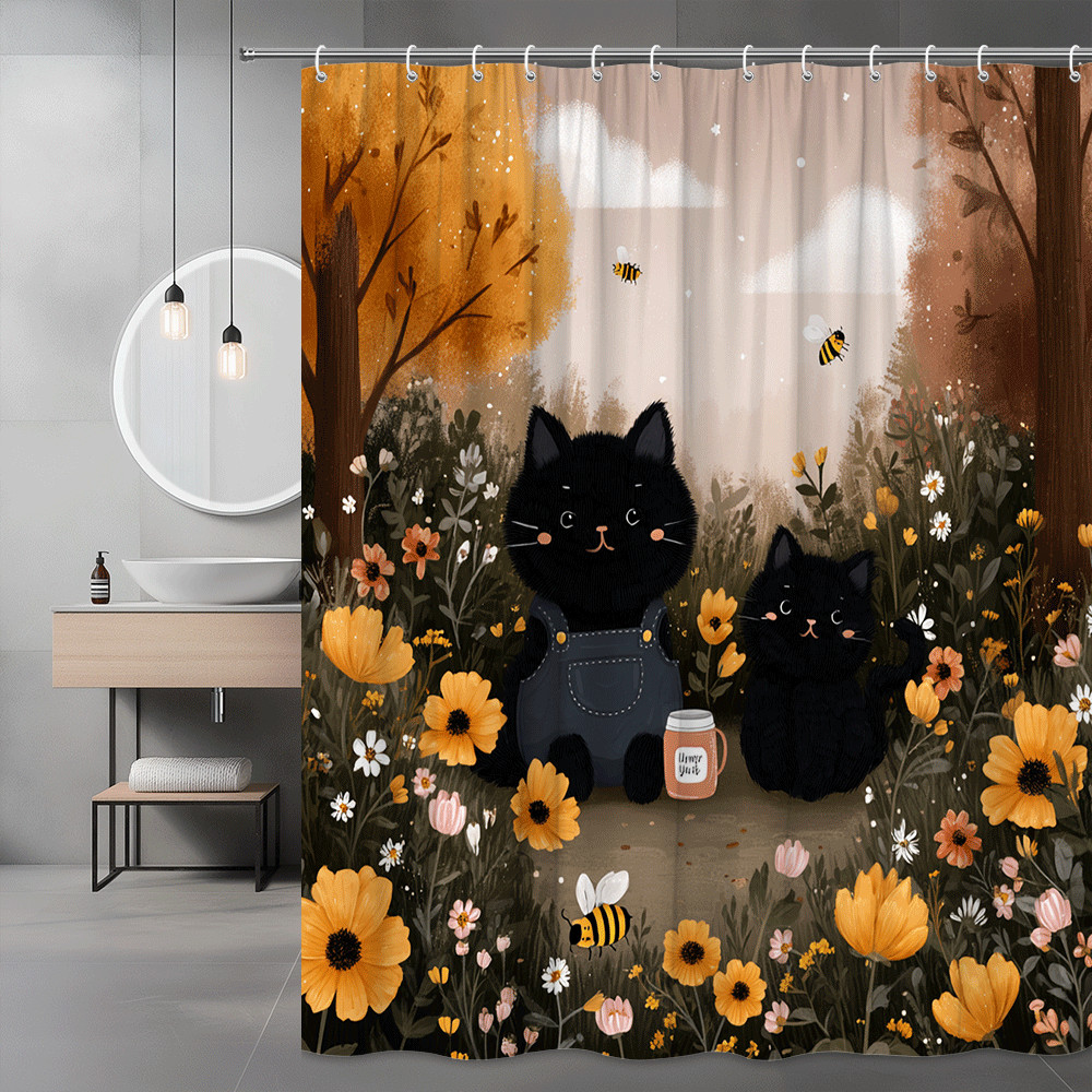 Cute Black Cat Floral Shower Curtain, Autumn Bees and Flowers