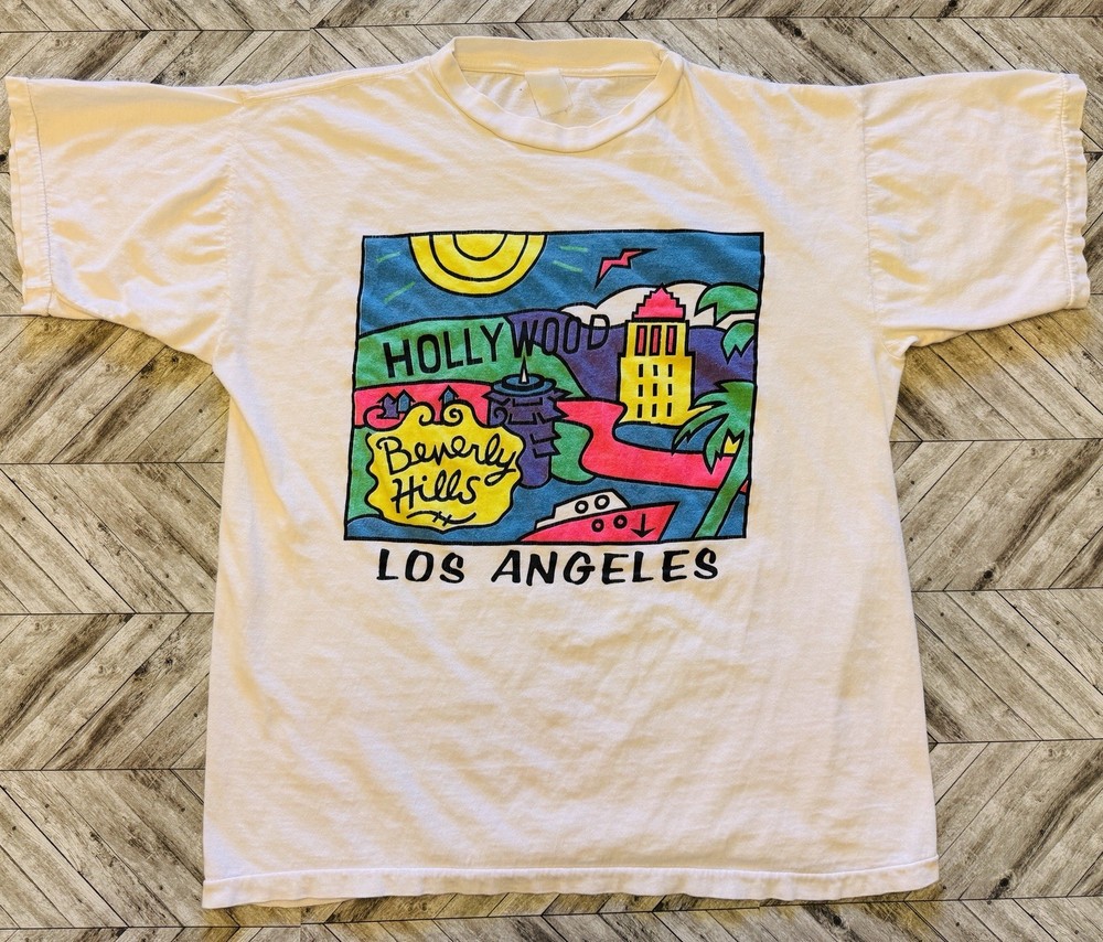 VTG Los Angeles T-Shirt Mens Large White Single Stitch Pastel Hollywood Sky Y2K