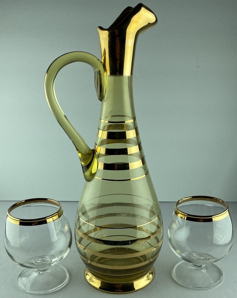 Vintage Romanian Decanter 1960’s Hand Blown MCM Pitcher W/ 2 Sniffers Goblets