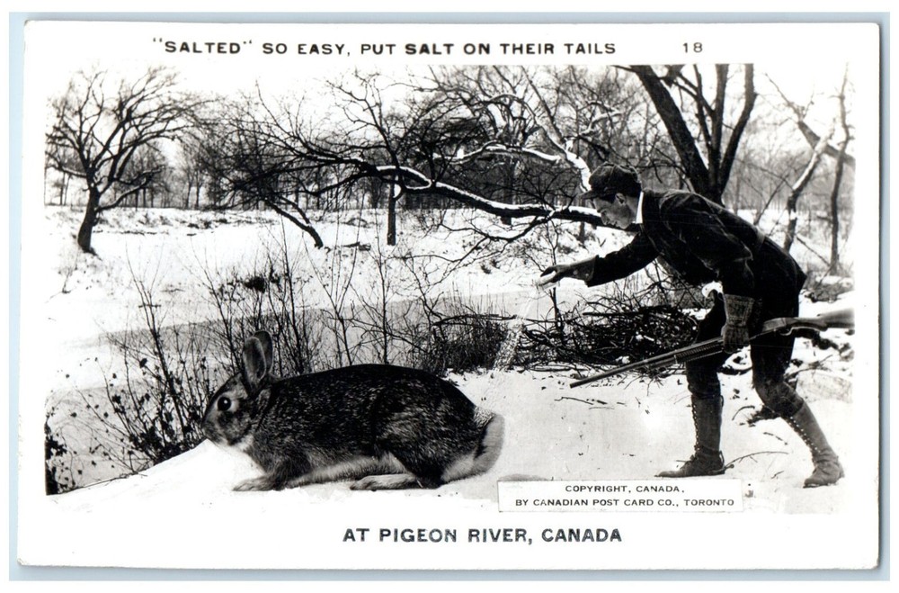 Pigeon River Canada RPPC Photo Postcard Giant Rabbit Long Gun Hunting c1940's