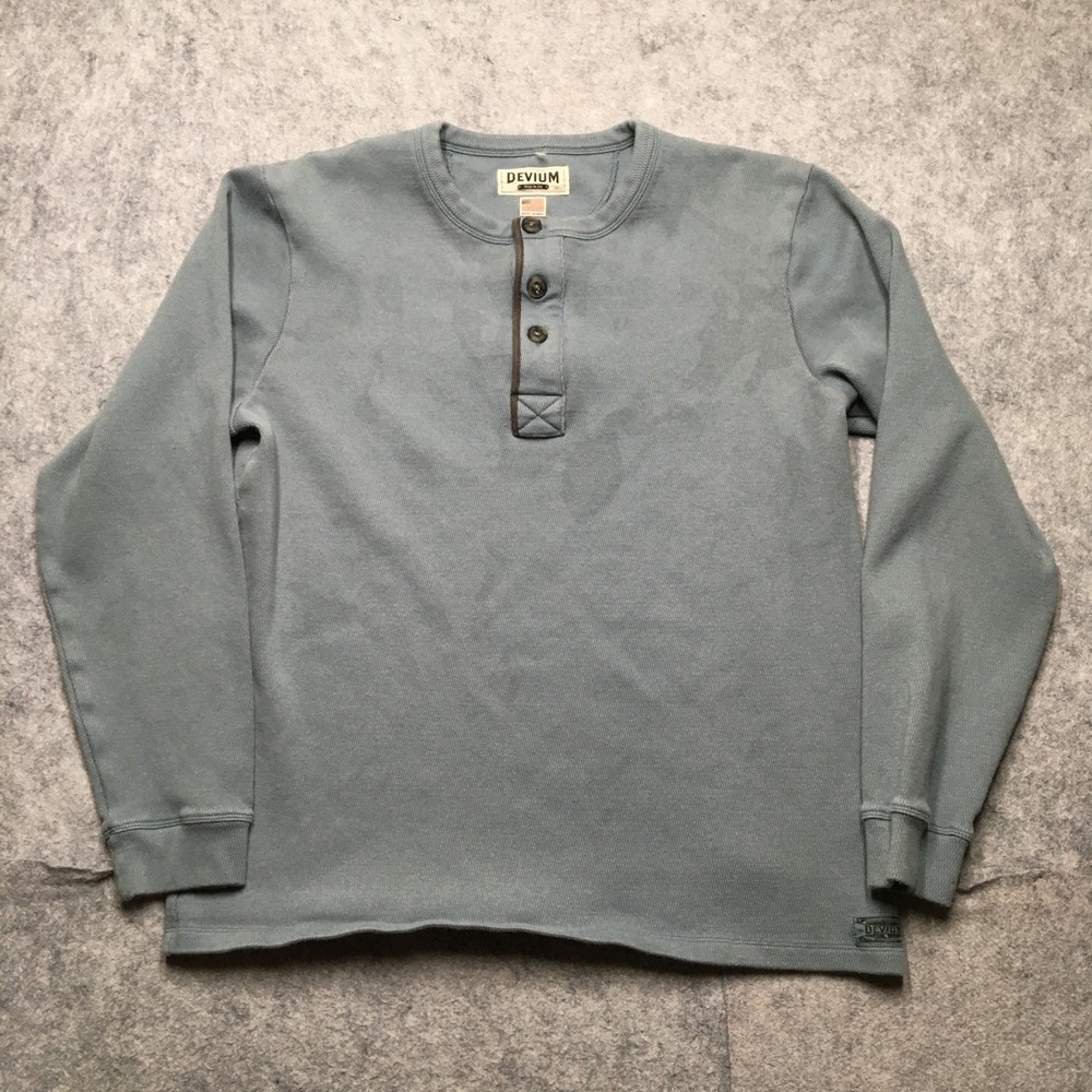 Devium USA Thermal Waffle Knit Henley Mens Large L Blue Premium Heavyweight Made