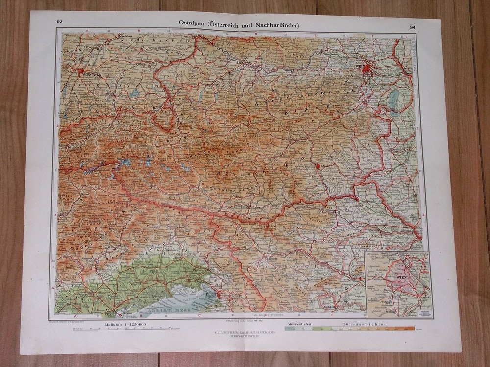 1928 Vintage Map Of Eastern Austria Wien Vienna Graz Alps / Italy Slovenia
