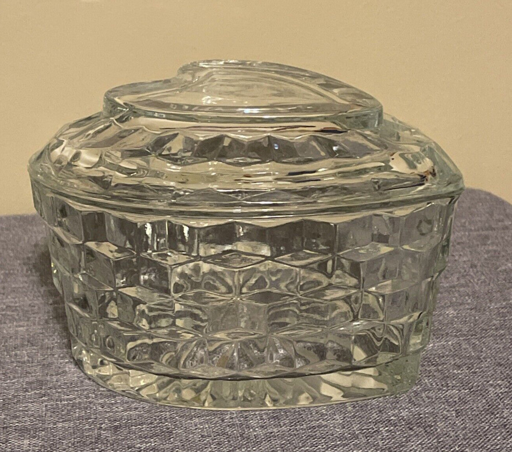 Vintage Homco Glass Diamond Pattern Heart Candy Dish Trinket Box with Lid used