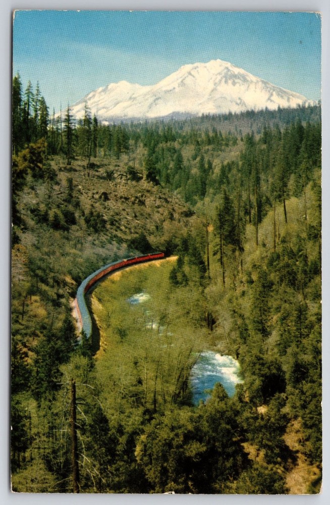 Vintage Mt. Shasta Postcard California Southern Pacific Train Scenic View