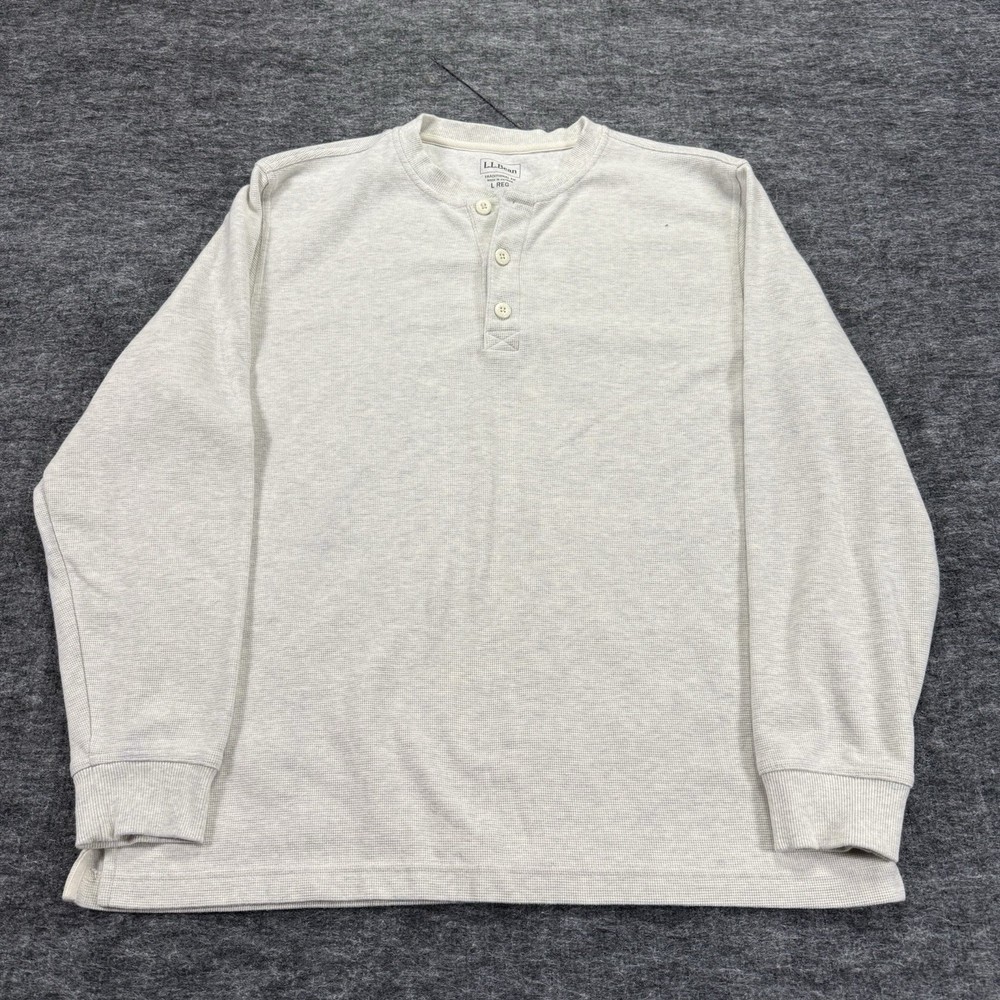 LL Bean Waffle Knit Henley Shirt Men’s L Cream Thermal Long Sleeve Casual