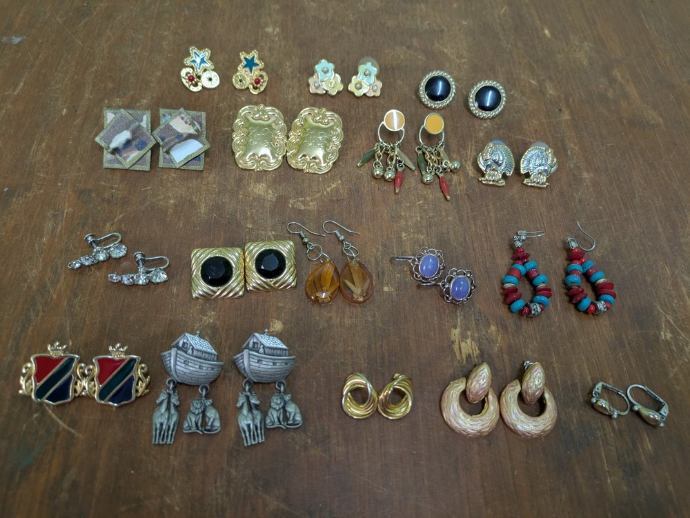 Lot Of 17 Vintage Pierced Earrings Eclectic Mix With Amber Sterling Silver