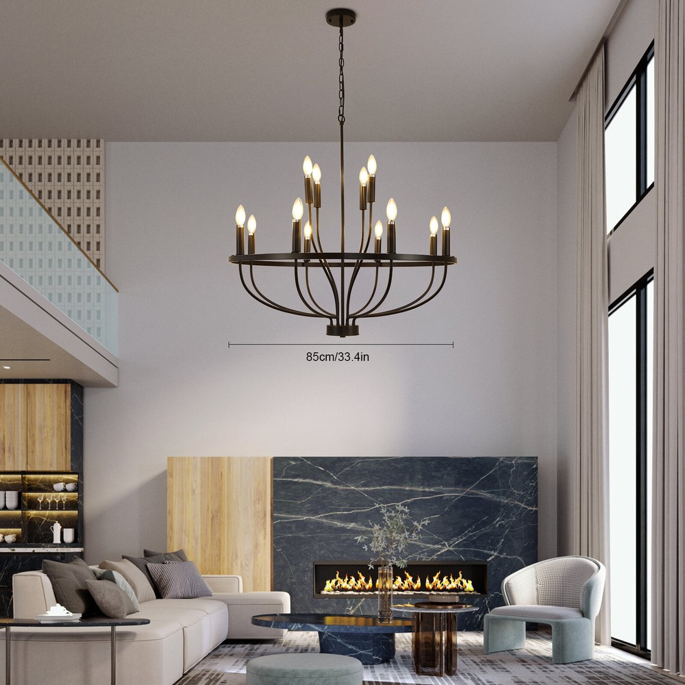 12-Light Black Round Chandelier for Kitchen E12 Pendant Lamp Fixture