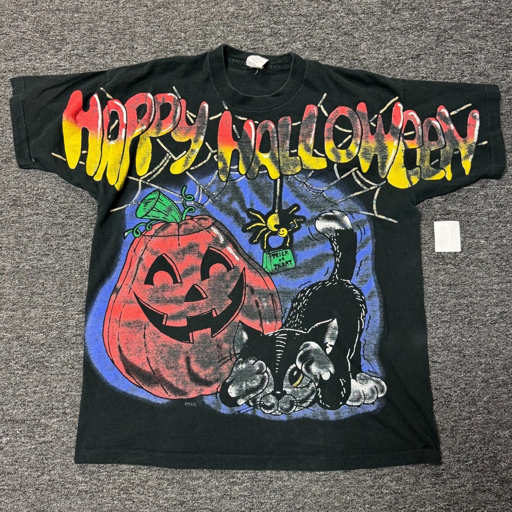 Vintage 90s Happy Halloween All Over AOP Pumpkin Kitty T-Shirt Sz XL Black Faded