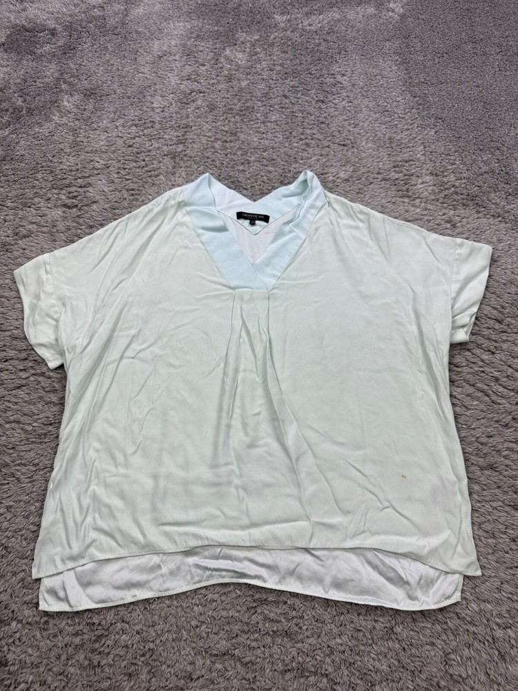 Lafayette 148 Top Women Small Petite Mint Green Silk Cap Sleeve V Neck Blouse