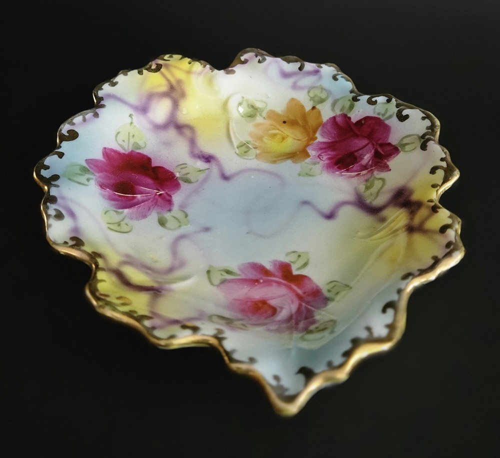 Bone China Trinket Dish Hand Painted China Gilded Floral Print  Vintage