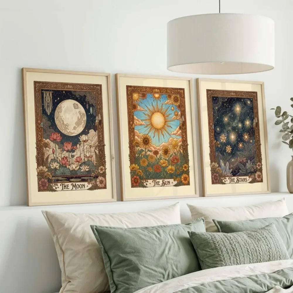 Frameless,Tarot Card Wall Canvas Painting,Retro Celestial Prints,Sun,Moon