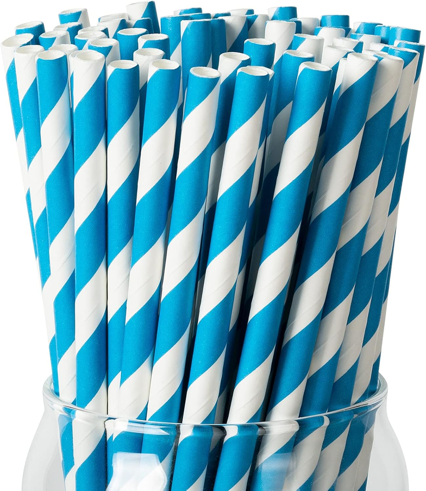 [100 Pack] Blue Straws, Disposable Sky Blue Paper Straws for Drinking, Birthdays