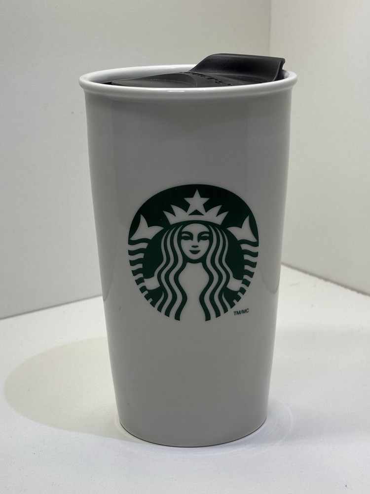 Starbucks Tumbler White Ceramic 12 oz Travel Mug Mermaid Siren Logo 2011  w/ Lid
