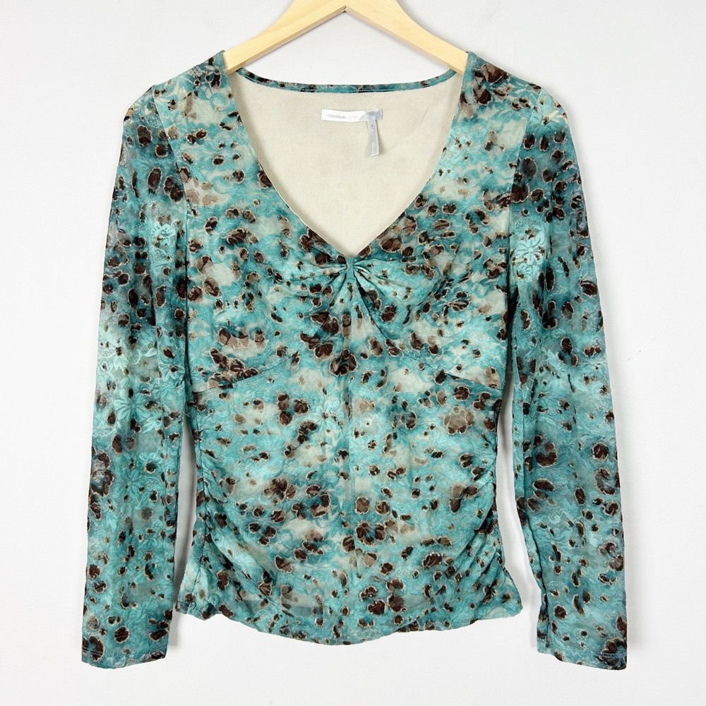 Women's Y2K Stretchy Mesh  Top Ruched Abstract Boho Forest Fairy Size Small-image