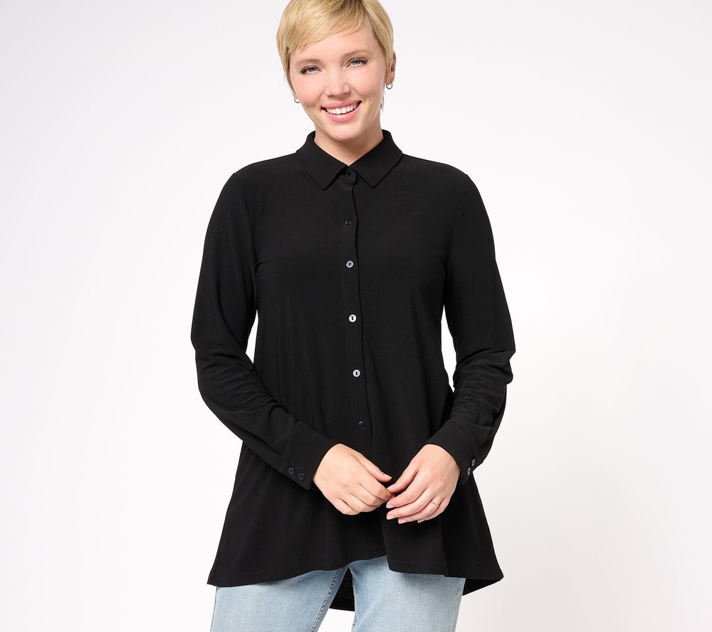 Dennis Basso Women's Top Sz S Caviar Crepe Knit Button Front Big Black A619771