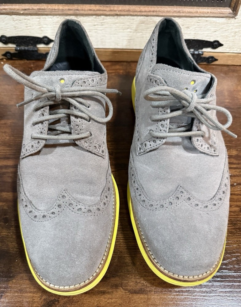 Cole Haan Lunargrand Wingtip Oxford Gray Suede Yellow Sole Men's Dress Shoes 9